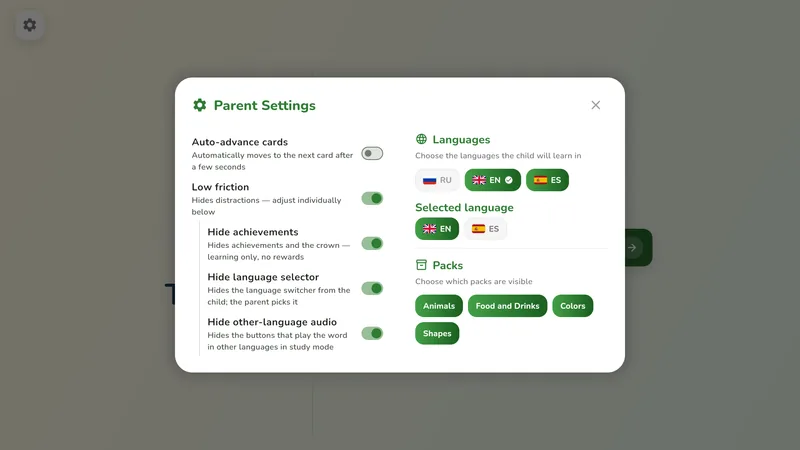 The Parent Settings screen: learning languages with English and Spanish switched on, English selected for play, and the visible packs listed.