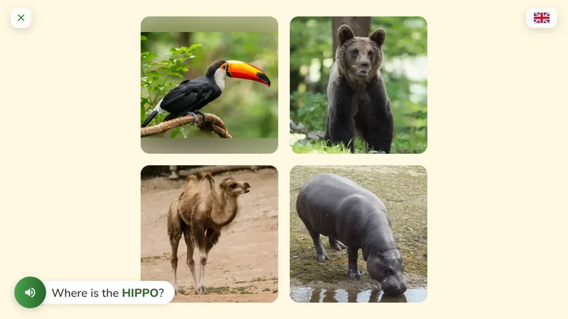 The quiz screen asking 'Where is the HIPPO?' with four animal photos to choose from.
