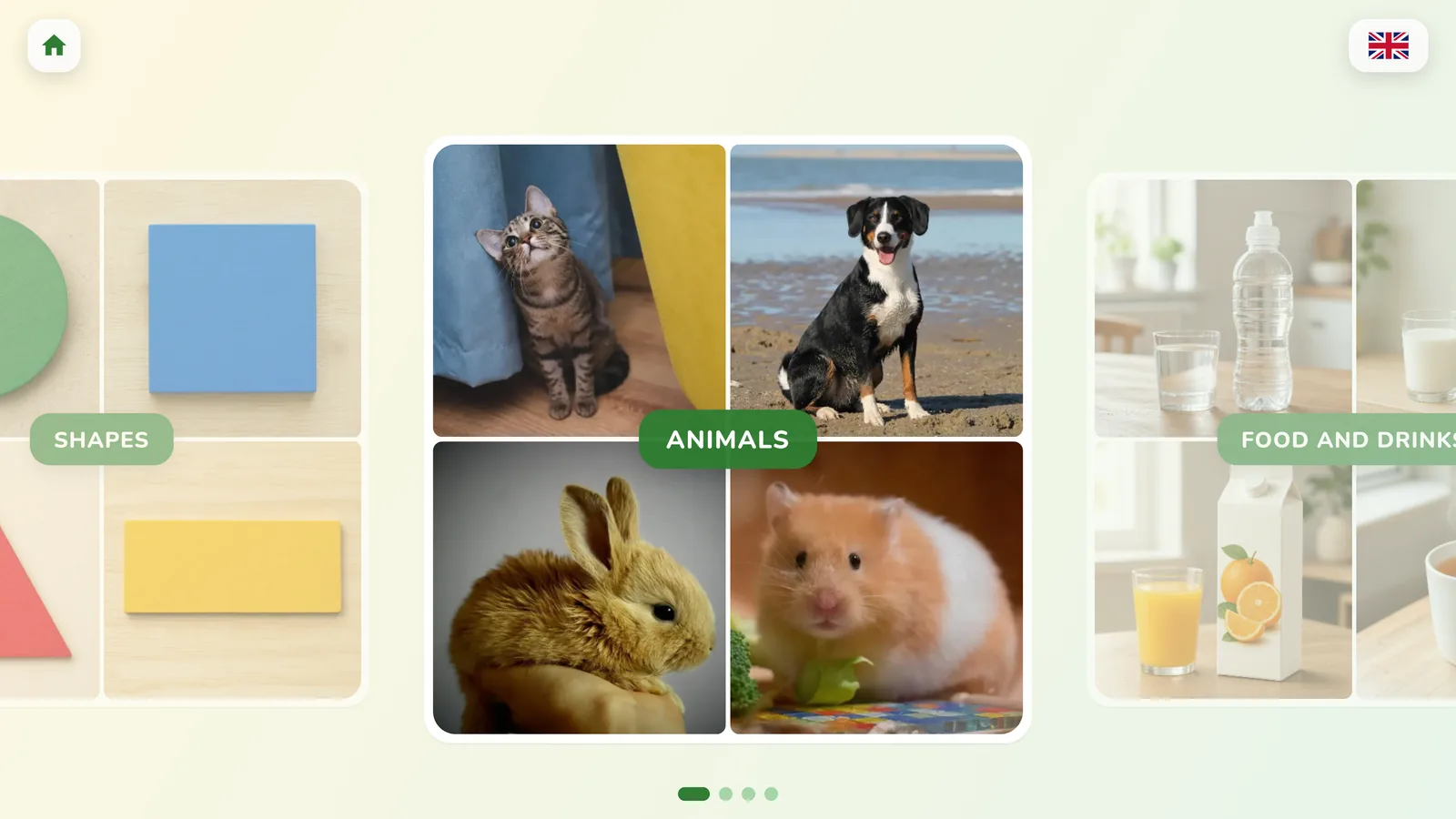 The Tap ABC pack chooser, showing the Shapes, Animals, and Food and drinks picture packs.